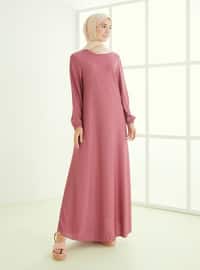 Basic Elastic Sleeved Modest Dress Rose