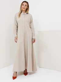 Beige - Point Collar - Unlined - Cotton - Dress