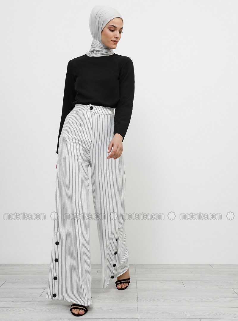 white and grey striped pants