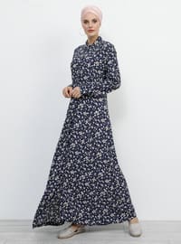 Navy Blue - Floral - Point Collar - Unlined - Viscose - Dress