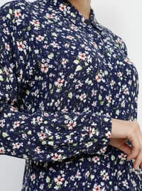 Navy Blue - Floral - Point Collar - Unlined - Viscose - Dress