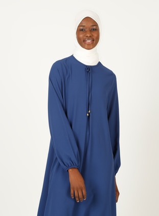 A Pleat Bow Collar Detailed Dress - Indigo- Tavin