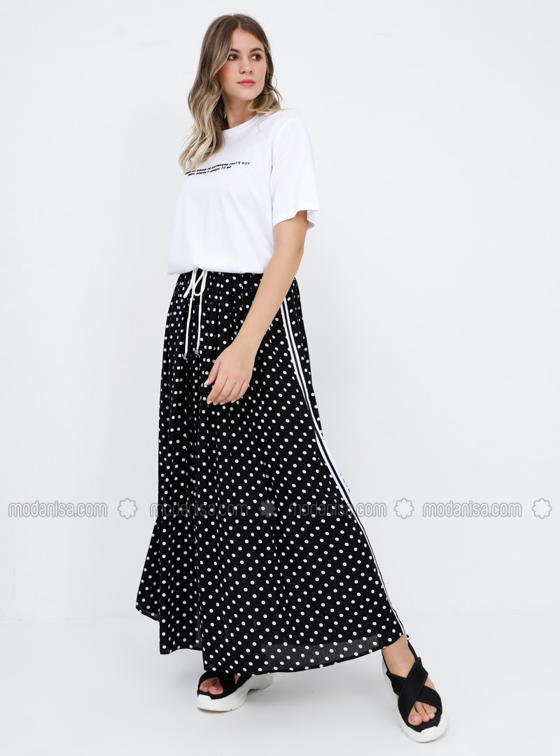 Black - White - Polka Dot - Unlined - Viscose - Plus Size Skirt