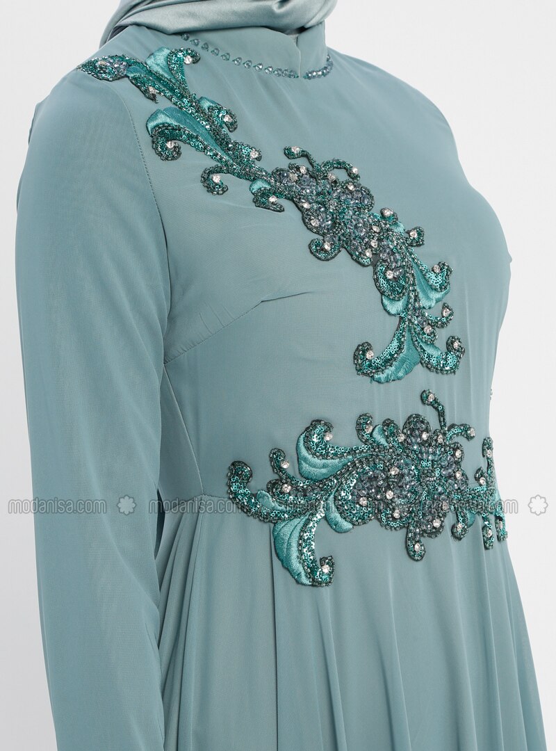 Green Fully Lined Crew Neck Cotton Muslim Evening Dress