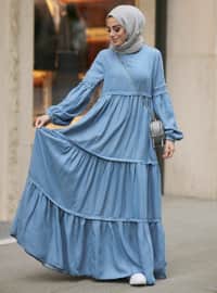 Mavi - Yuvarlak yakalı - Astarsız kumaş - Pamuk - Kot - Elbise