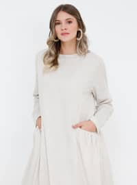 Beige - Fully Lined - Crew neck - Cotton - Plus Size Dress
