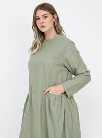 Plus Size Pocket Detailed Cotton Dress Soft Khaki