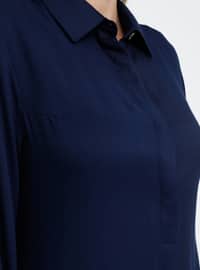 Navy Blue - Point Collar - Viscose - Plus Size Tunic