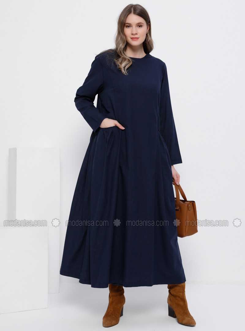 Navy Blue - Fully Lined - Crew neck - Cotton - Plus Size Dress