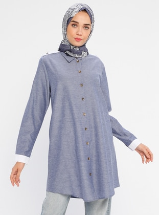 Blue - Point Collar - Cotton - Tunic - Sumre