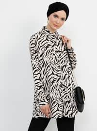 Black - White - Ecru - Zebra - Point Collar - Viscose - Blouses