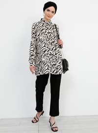 Black - White - Ecru - Zebra - Point Collar - Viscose - Blouses