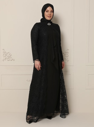 Black - Fully Lined - Polo neck - Muslim Plus Size Evening Dress - Sevdem Abiye