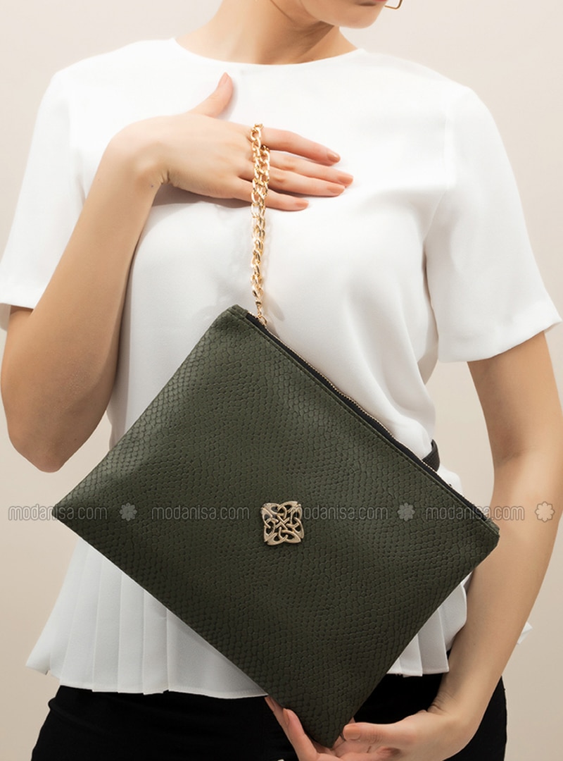 khaki clutch bag