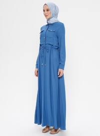 Mavi - İndigo - Fransız yaka - Astarsız kumaş - Elbise