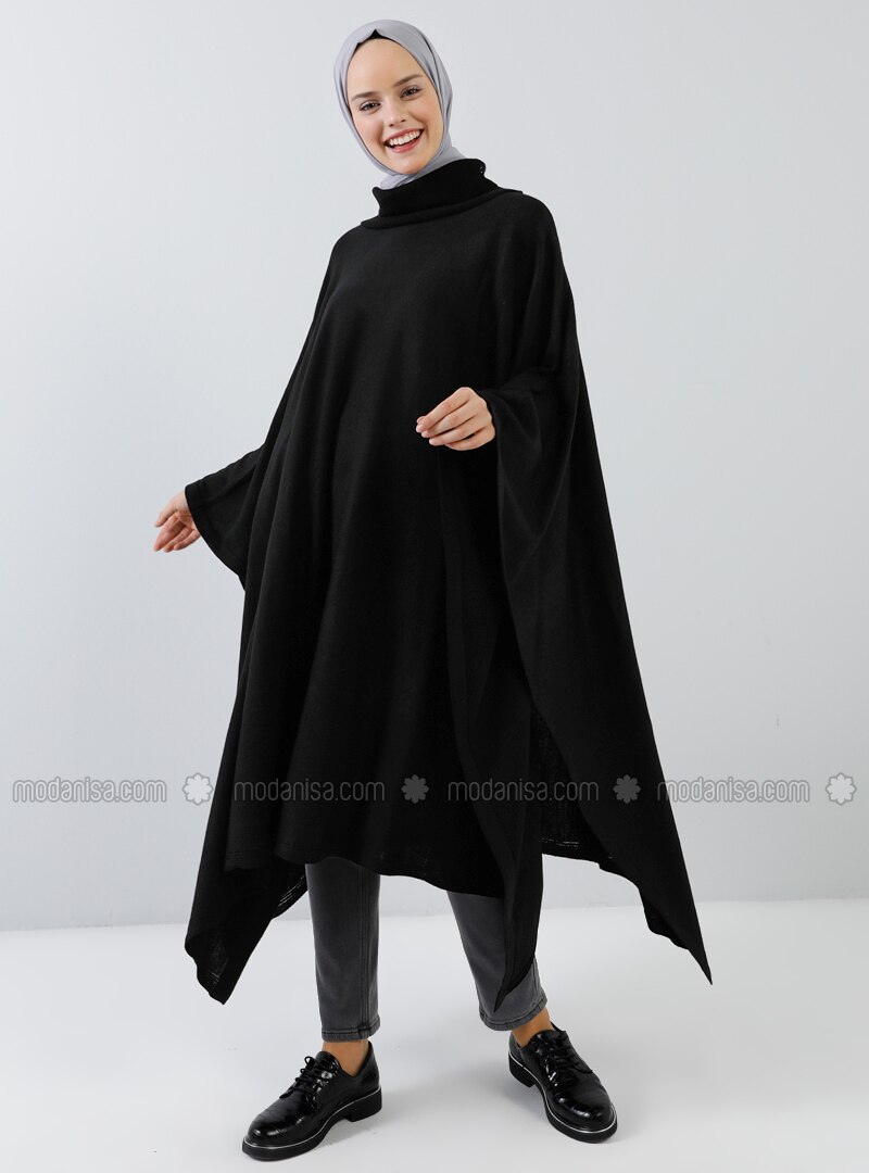Black - Polo neck - Unlined - - Poncho