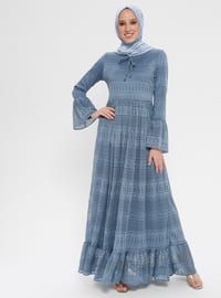 Mavi - İndigo - Yuvarlak yakalı - Astarlı kumaş - Elbise