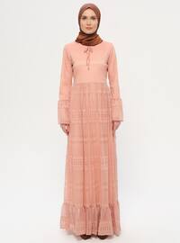 Somon - Yuvarlak yakalı - Astarlı kumaş - Elbise
