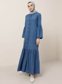 Mavi - Lacivert - Fransız Yaka - Astarsız - Viskon - Elbise
