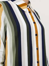 Khaki - Mustard - Stripe - Point Collar - Viscose - Tunic