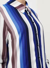 Blue - Plum - Stripe - Point Collar - Viscose - Tunic