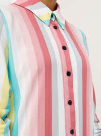 White - Pink - Ecru - Stripe - Point Collar - Viscose - Tunic