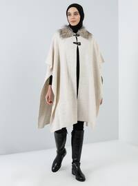 Beige - Point Collar - Unlined - Acrylic - - Poncho