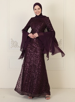 Purple - Fully Lined - Crew neck - Modest Evening Dress - Moda Sinanlar