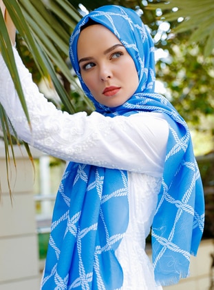 Blue - Multi - Printed - Shawl - Şalevi