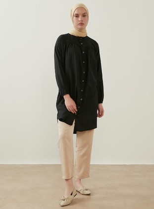 Button Down Tunic With Side Pockets And Rabon Black