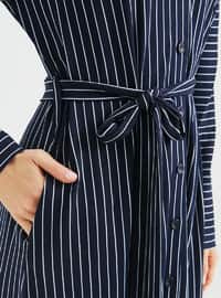 Navy Blue - Stripe - Button Collar - Point Collar - Unlined - Dress