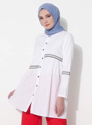 White - Ecru - Point Collar - Cotton - Tunic - Sumre