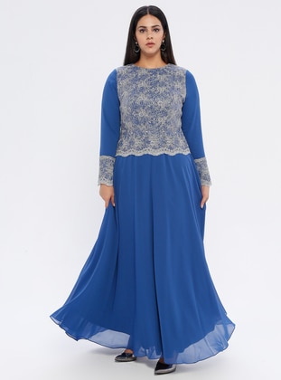 Blue - Fully Lined - Crew neck - Muslim Evening Dress - Sevdem Abiye
