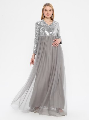 Gray - Fully Lined - V neck Collar - Maternity Evening Dress - Moda Labio