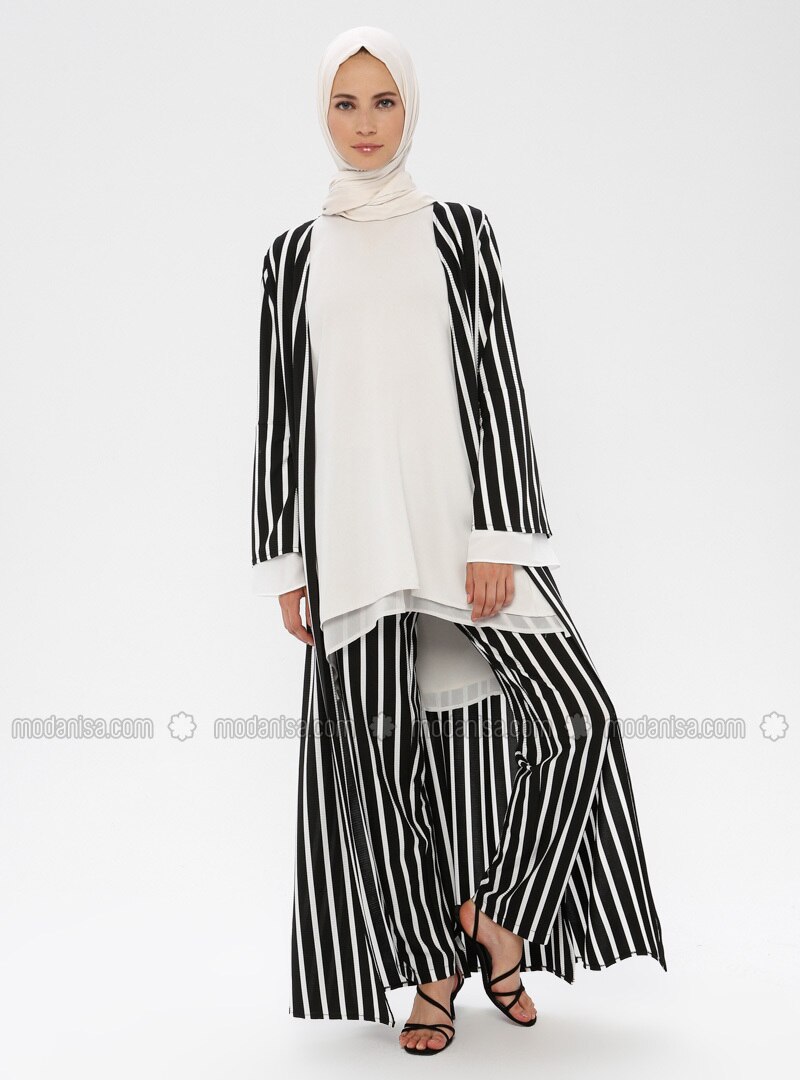 black and white striped pant suit