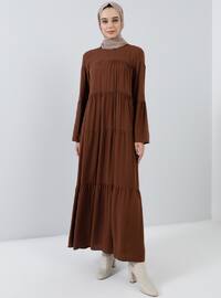 Kahverengi - Yuvarlak yakalı - Astarsız kumaş - Viskon - Elbise