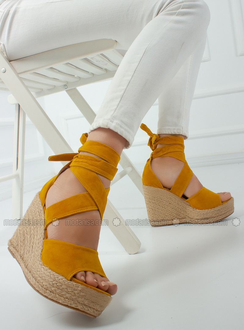 mustard wedge heels
