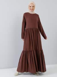 Kahverengi - Yuvarlak yakalı - Astarsız kumaş - Viskon - Elbise