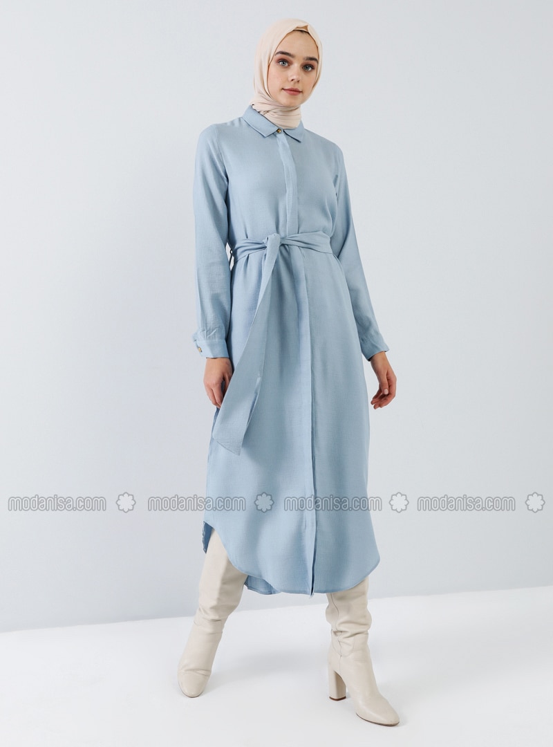 Blue - Point Collar - Unlined - Viscose - Dress