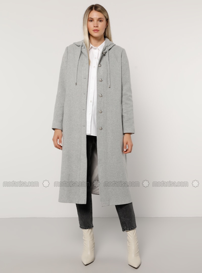 Gray - Unlined - Rayon - Plus Size Overcoat
