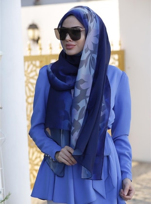Navy Blue - Floral - Shawl - DIFFERENZA