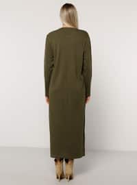 Khaki - Unlined - Crew neck - Acrylic - - Plus Size Dress
