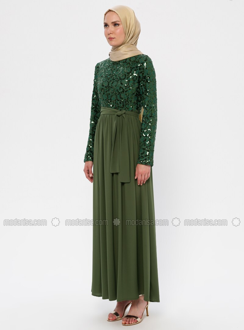 khaki green evening dress