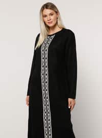 Siyah - Astarsız kumaş - Yuvarlak yakalı - Akrilik - File - Büyük beden elbise