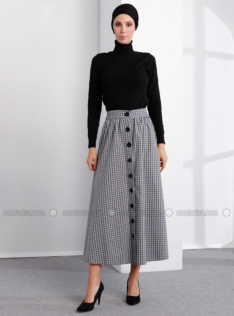 Gray - Checkered - Unlined - - Skirt