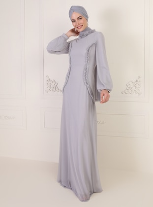 Gray - Fully Lined - Polo neck - Muslim Evening Dress - Mwedding