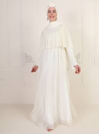 White - Ecru - Crew neck - Fully Lined - Muslim Evening Dress