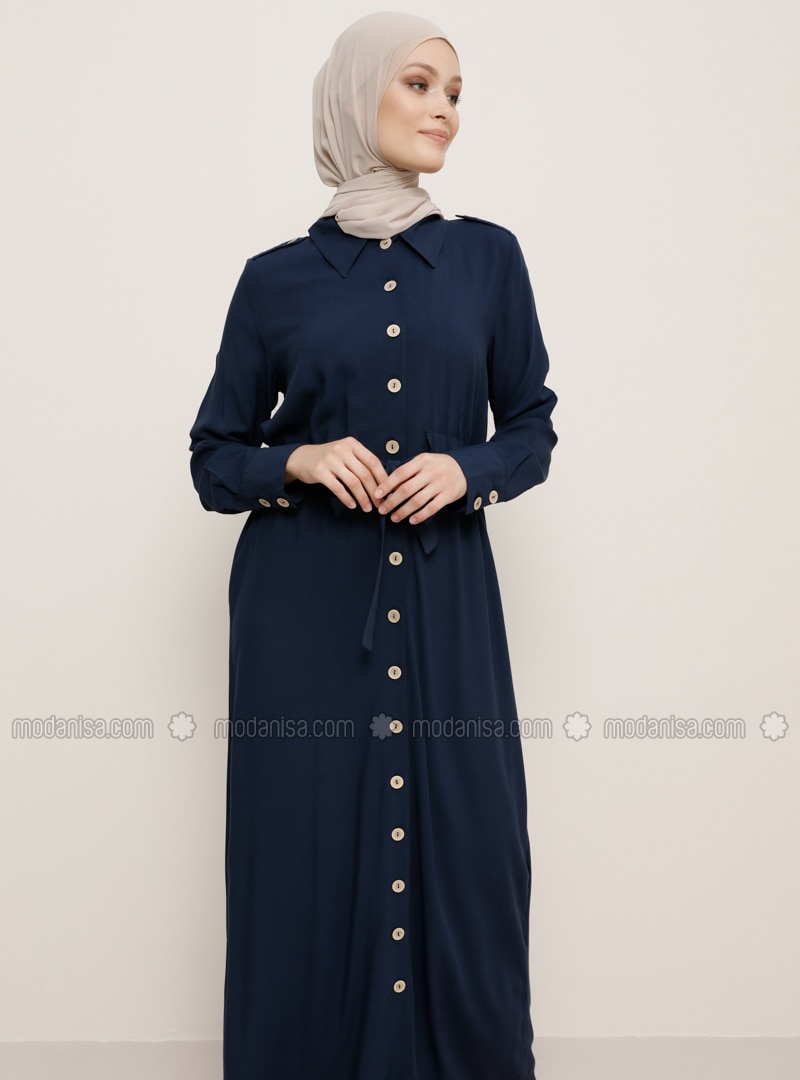 Navy Blue - Point Collar - Unlined - Viscose - Dress
