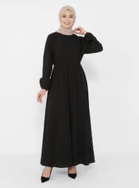 Flared Modest Dress With Elastic Sleeves And Shirred Waist Black