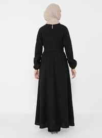 Flared Modest Dress With Elastic Sleeves And Shirred Waist Black